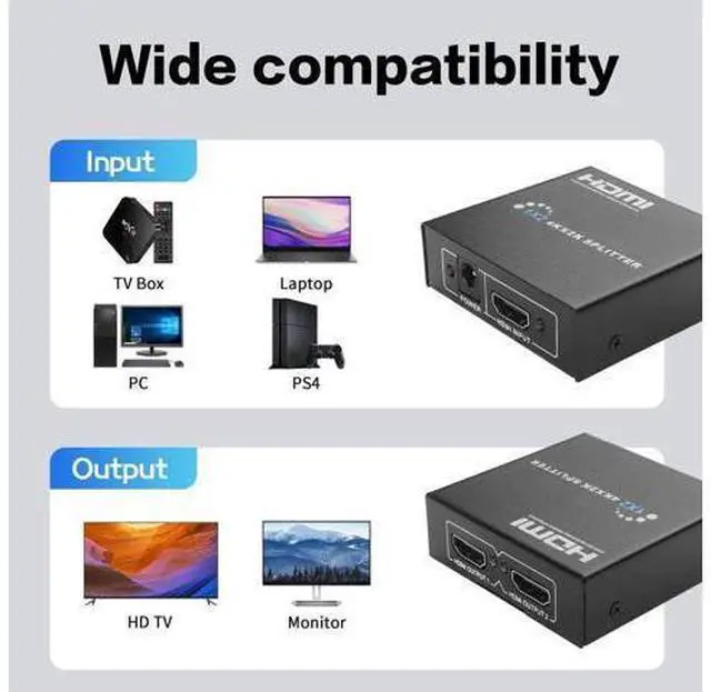 Alt view image 2 of 6 - YACSEJAO 1x2 Powered HDMI Splitter 1 in 2 Out, 4K HDMI Splitter Duplicates One Source to Two Identical Displays for Dual Monitors