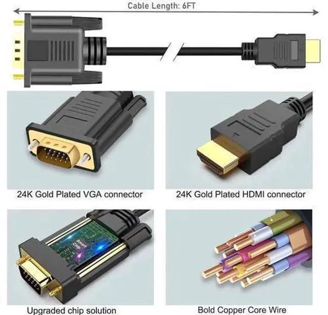 Alt view image 7 of 7 - 6FT Uni-Directional HDMI Male to VGA Male Cable, HDMI to VGA Cord for Desktop, Laptop, Monitor, Projector, HDTV, Raspberry Pi, Roku, Xbox