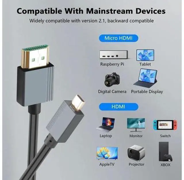 Alt view image 4 of 7 - 3FT/0.9M Coiled Micro HDMI to HDMI 2.1 Cable, 48Gbps High Speed Support 8K, 4K, 3D & Dynamic HDR for Camera, Laptop, Monitor