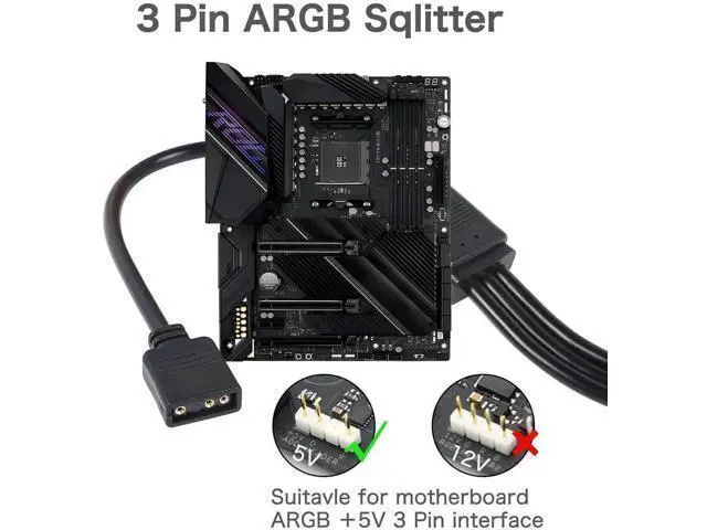 Alt view image 4 of 6 - 5V 3Pin ARGB 1 to 3 Splitter Cable, Addressable RGB Extension Cord for PC Chassis CPU Cooler ARGB Fans
