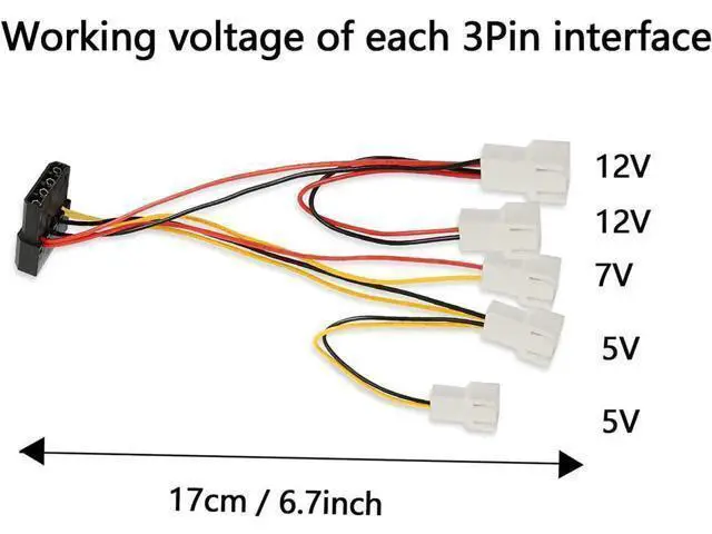 Alt view image 4 of 7 - 4-Pin Molex Pass-Through to 5 x 3-Pin PC Fan Splitter Cable, Supports 12V/7V/5V Voltage Regulation for Case & CPU Cooling Fans