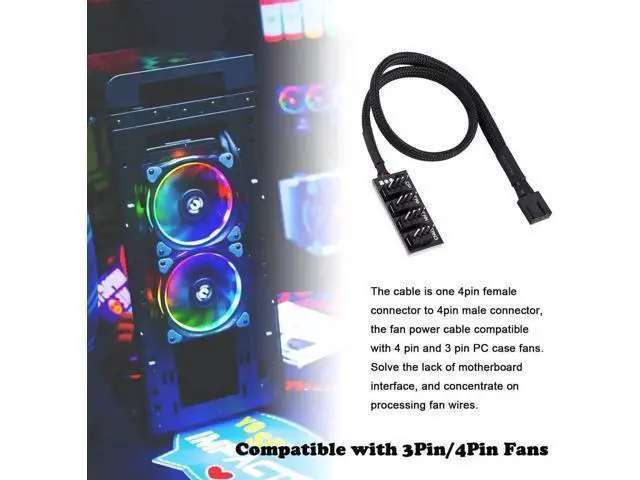 Alt view image 2 of 7 - 1-to-4 PWM Fan Hub Splitter Cable, Sleeved Adapter for 3Pin & 4Pin PC CPU Chassis Cooling Fans