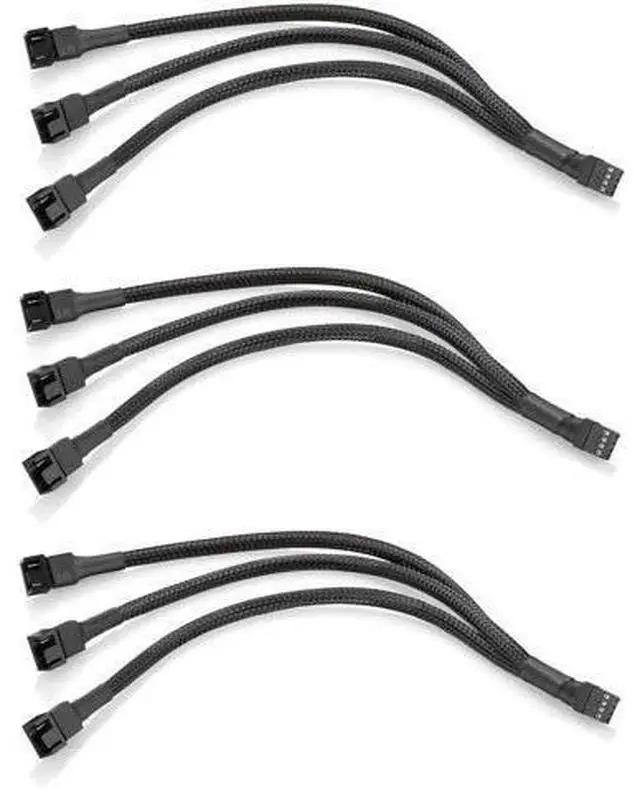 Main image of 10 Inch 3 Pack 3-Way 4 Pin PWM Fan Splitter Cable, Black Extension Cord for 3/4 Pin PC Cooling Fans