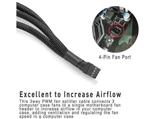 Alt view image 3 of 7 - 10 Inch 3 Pack 3-Way 4 Pin PWM Fan Splitter Cable, Black Extension Cord for 3/4 Pin PC Cooling Fans