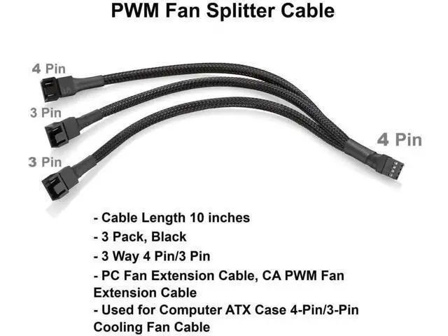 Alt view image 5 of 7 - 10 Inch 3 Pack 3-Way 4 Pin PWM Fan Splitter Cable, Black Extension Cord for 3/4 Pin PC Cooling Fans