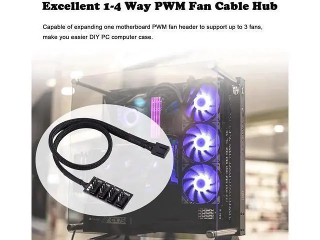 Alt view image 4 of 7 - 1-to-4 PWM Fan Hub Splitter Cable, Sleeved Adapter for 3Pin & 4Pin PC CPU Chassis Cooling Fans