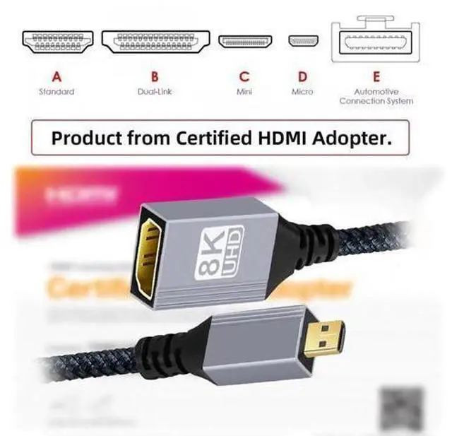 Alt view image 7 of 7 - 17CM Micro HDMI Type-D 2.1 Male to HDMI Female Extension Cable, 8K UHD Cord for DV Camera Laptop Portable Monitor