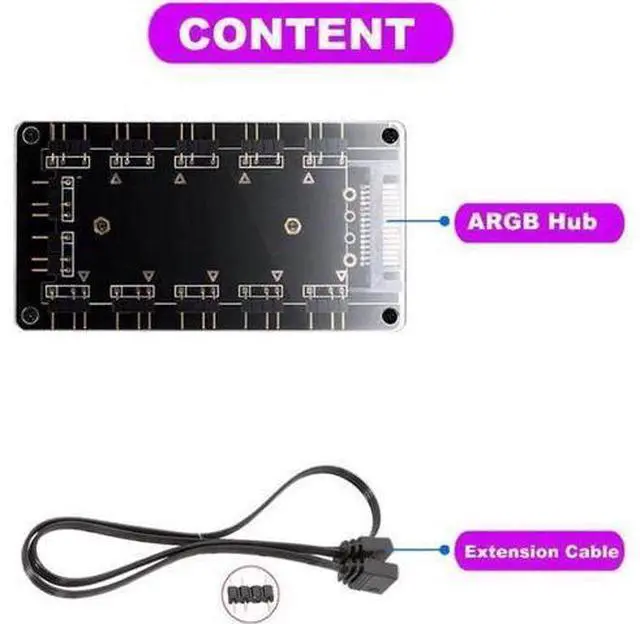 Alt view image 2 of 7 - 5V 3Pin ARGB 11-Port Hub with Magnetic Base & PMMA Shell, SATA Powered RGB Splitter with 1.64FT Extension Cable for LED Strips, Fans & Coolers