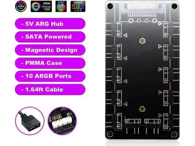 Alt view image 4 of 7 - 5V 3Pin ARGB 11-Port Hub with Magnetic Base & PMMA Shell, SATA Powered RGB Splitter with 1.64FT Extension Cable for LED Strips, Fans & Coolers