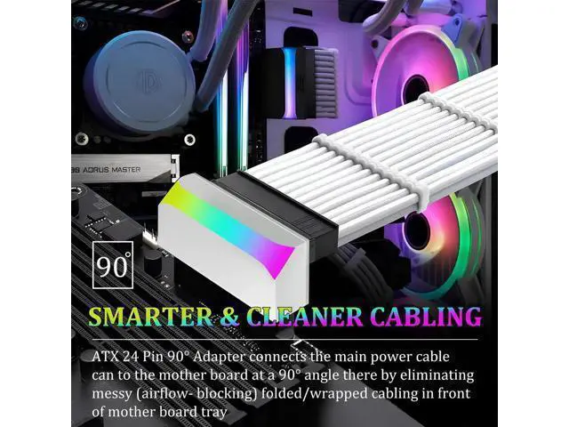 Alt view image 4 of 7 - White ATX 24Pin 90 Degree Power Adapter with 5V 3Pin ARGB, Male to Female Connector for Motherboard & PSU
