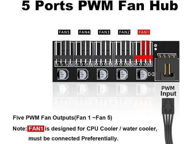 Alt view image 7 of 7 - 5 Ports 4Pin PWM Fan Splitter Hub, Motherboard 4Pin to 5-Way Fan Cable for 12V PC Fans