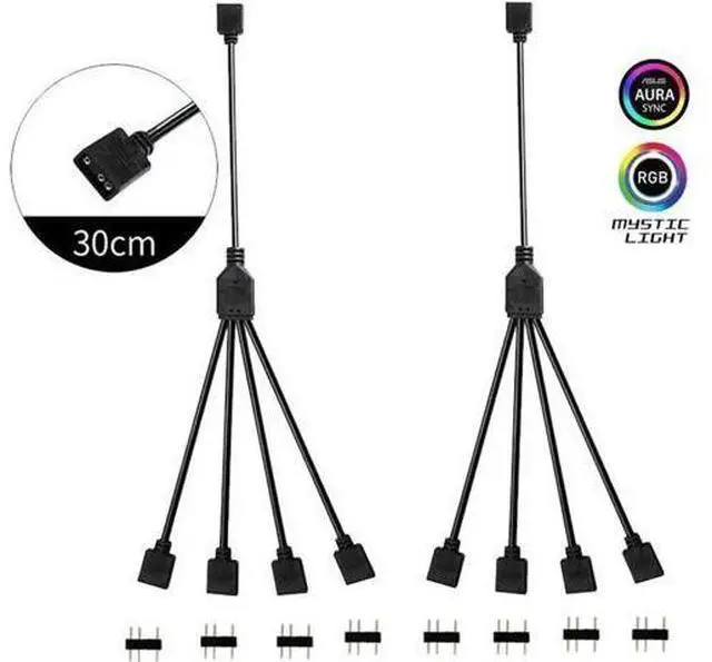 Main image of 2 Pack 1 Foot 5V 3-Pin RGB Splitter Cable, 1 Female to 4 Female RBW LED Strip Extension Cord, 4-Port AURA RGB Lighting Hub with Gender Changer Adapter