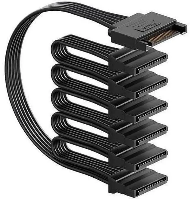 Main image of 15 Pin SATA Male to 6-Port SATA Female Power Splitter Cable, Black Multi-Way SATA Power Extension Cord for HDD, SSD & Optical Drives