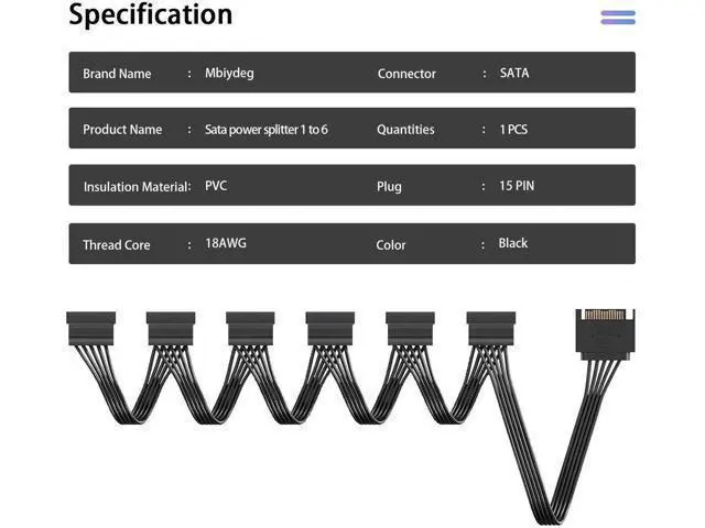 Alt view image 3 of 7 - 15 Pin SATA Male to 6-Port SATA Female Power Splitter Cable, Black Multi-Way SATA Power Extension Cord for HDD, SSD & Optical Drives