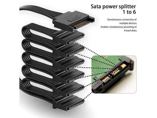 Alt view image 6 of 7 - 15 Pin SATA Male to 6-Port SATA Female Power Splitter Cable, Black Multi-Way SATA Power Extension Cord for HDD, SSD & Optical Drives