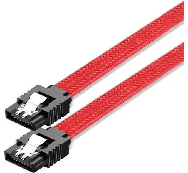 Main image of 18 Inch Red Nylon Braided SATA 3.0 Data Cable, Straight SATA III Cord with Locking Latch for HDD SSD Optical Drives