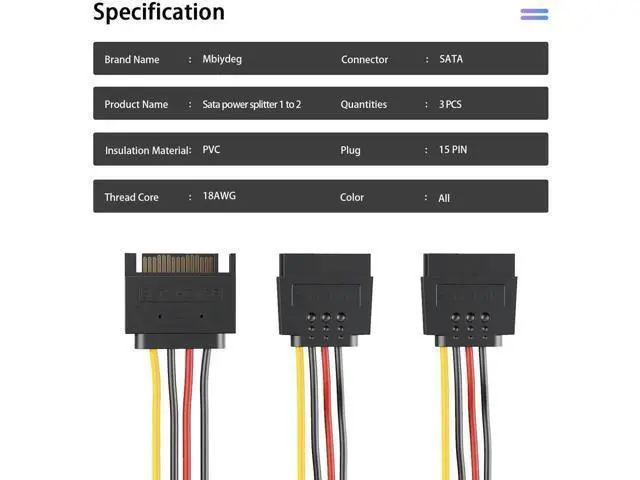 Alt view image 4 of 7 - 3 Pack 8 Inch 15Pin SATA Power Y Splitter Cables, SATA Male to Dual Female Power Extension Cord for Storage Drives