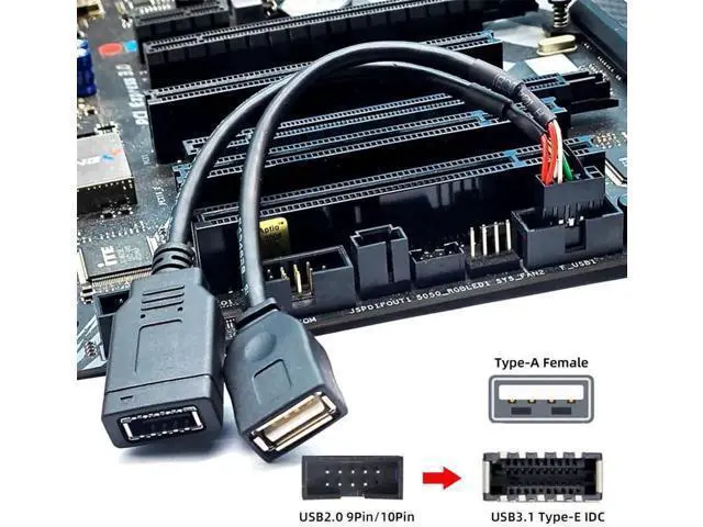 Alt view image 5 of 7 - 0.15M USB2.0 9/10Pin Motherboard Header Male to Dual Type-A + Key-A Type-E Combo Front Panel Extension Cable