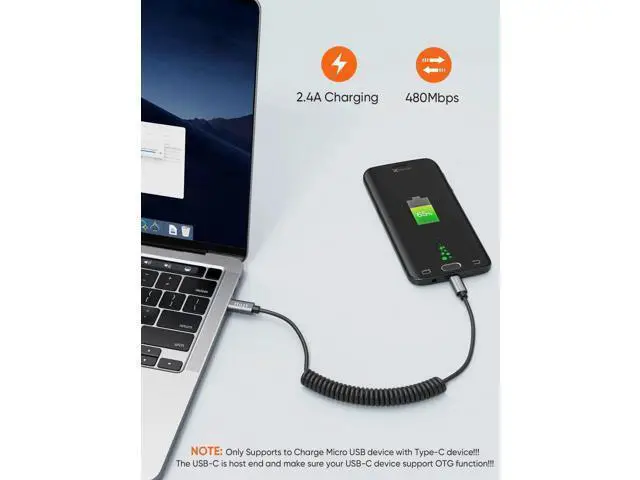 Alt view image 5 of 7 - 4FT/1.2M Coiled USB-C to Micro USB OTG Cable, 480Mbps Charging & Data Cord, Black