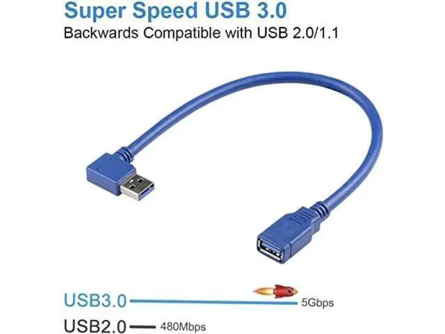 Alt view image 4 of 6 - 90-Degree USB-A 3.0 Extension Cable 2-Pack, 1 Left & 1 Right Angle Male to Female, 30cm (1ft) Blue, SuperSpeed 5Gbps Data Transfer & Charging Cord