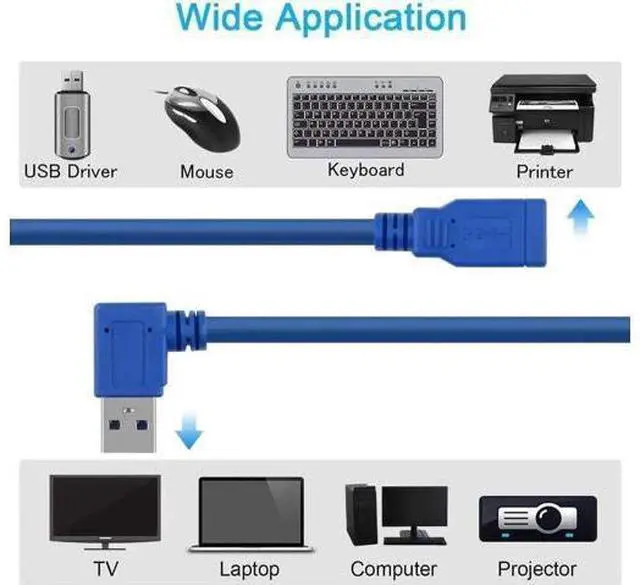 Alt view image 5 of 6 - 90-Degree USB-A 3.0 Extension Cable 2-Pack, 1 Left & 1 Right Angle Male to Female, 30cm (1ft) Blue, SuperSpeed 5Gbps Data Transfer & Charging Cord