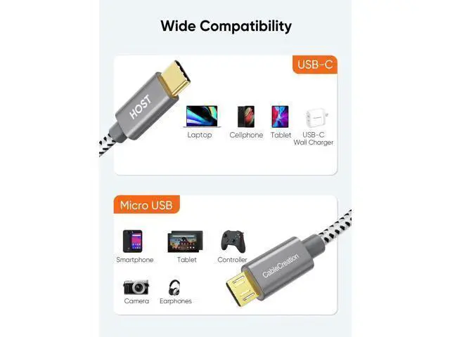 Alt view image 2 of 7 - 0.2M/0.65FT Braided USB-C to Micro USB OTG Cable, 480Mbps Short Cord for Chargers, Phones & Laptops