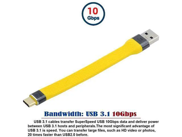 Alt view image 5 of 7 - 13cm Yellow Flat FPC USB 3.1 Gen2 Cable, USB-C Male to USB-A Male 10Gbps High Speed Slim Data Cord for Laptop & Smartphone