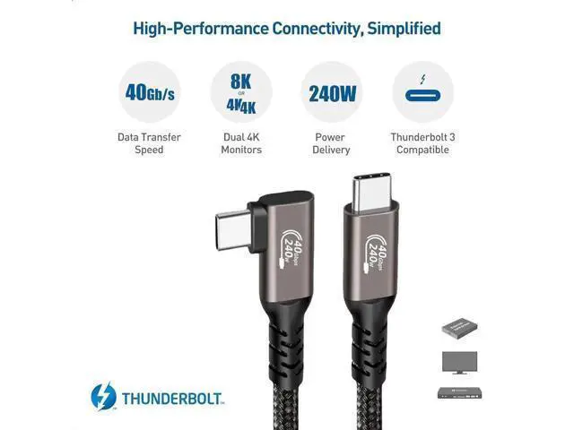 Alt view image 6 of 7 - Right Angle USB4 Type-C to C Nylon Braided Cable 1.6FT, 40Gbps Data, 8K UHD Video & 240W PD Fast Charging Cord Compatible with Thunderbolt 3/4, MacBook, iPad, Oculus Quest