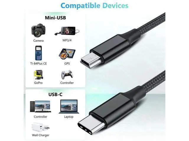Alt view image 2 of 7 - 5FT Braided USB-C to Mini USB Cable, 480Mbps OTG Charging Cord for Camera, PS3 Controller, Dash Cam, Ti-84 Plus