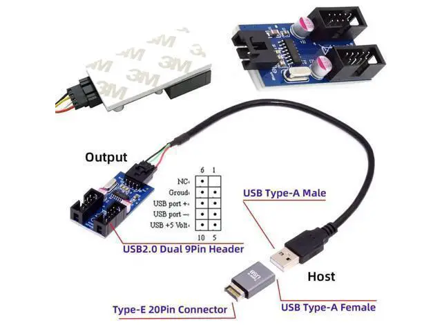 Alt view image 3 of 7 - USB3.1 Type-E 20Pin Male to Dual USB2.0 A Female + 9Pin/10Pin Motherboard Header Internal Hub Adapter, 1-to-2 USB Port Multiplier Splitter Cable
