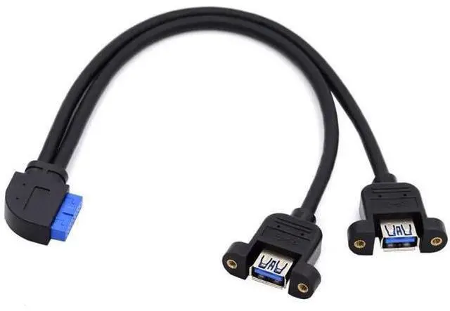 Main image of 30cm 90 Degree Right Angled 2-Port USB 3.0 Female to 20Pin Male Cable, Screw Mount Front Panel Cable for Motherboard