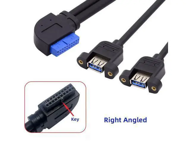 Alt view image 7 of 7 - 30cm 90 Degree Right Angled 2-Port USB 3.0 Female to 20Pin Male Cable, Screw Mount Front Panel Cable for Motherboard
