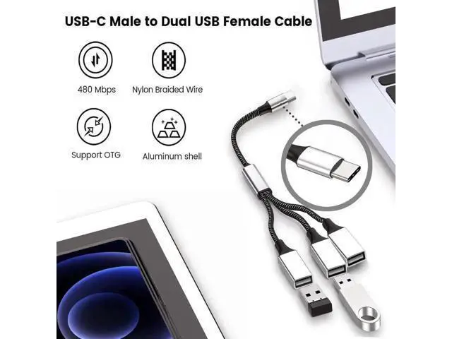 Alt view image 2 of 7 - 0.8FT USB-C Male to Dual USB-A 2.0 Female OTG Splitter Hub, 2-Port Type-C to Double USB-A Adapter for Phone, Laptop & Game Console
