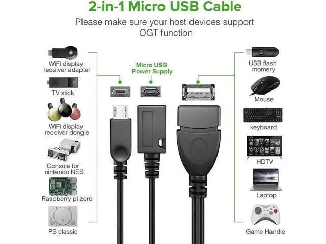 Alt view image 3 of 6 - 2 Pack 8 Inch 2-in-1 Micro USB OTG Y Splitter Cable, Micro USB to USB A Female with Micro-B Charging Port for Android, Fire Stick, 2.5" SSD