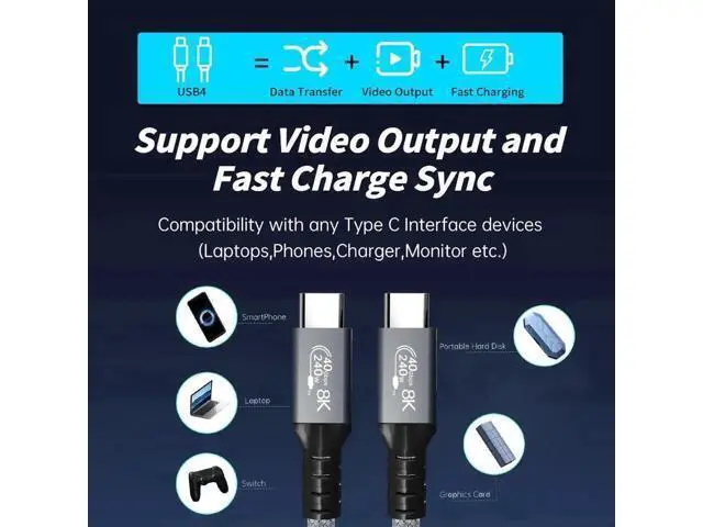 Alt view image 4 of 7 - 1.6FT 240W USB4 USB-C to USB-C Cable | 40Gbps, 8K/5K@60Hz Video, Thunderbolt 3/4 Compatible for MacBook, eGPU & Docking Station