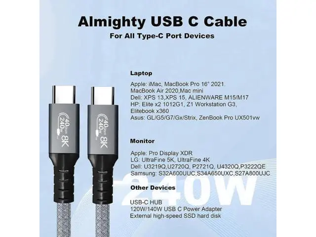 Alt view image 7 of 7 - 1.6FT 240W USB4 USB-C to USB-C Cable | 40Gbps, 8K/5K@60Hz Video, Thunderbolt 3/4 Compatible for MacBook, eGPU & Docking Station