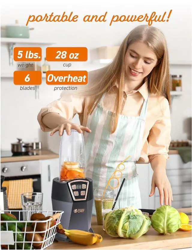 Alt view image 4 of 7 - COMMERCIAL CHEF Personal Blender With 3 Modes for Smoothies, Shakes & More - 1000W With 6 Stainless Steel Blades and LED Display