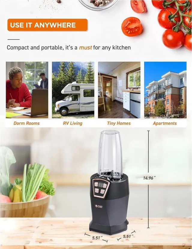 Alt view image 7 of 7 - COMMERCIAL CHEF Personal Blender With 3 Modes for Smoothies, Shakes & More - 1000W With 6 Stainless Steel Blades and LED Display