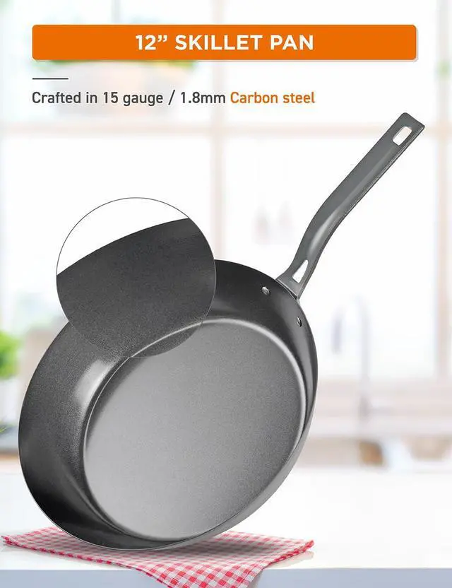 Alt view image 2 of 7 - Commercial CHEF 12" Carbon Steel Skillet, Non Stick Frying Pan with Ceramic Coating, Safe for Any Cooktop, Oven or Grill, Lighter and Cools Faster than Cast Iron