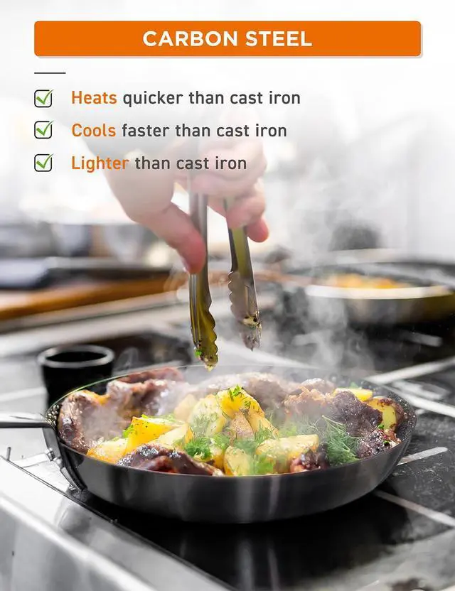 Alt view image 3 of 7 - Commercial CHEF 12" Carbon Steel Skillet, Non Stick Frying Pan with Ceramic Coating, Safe for Any Cooktop, Oven or Grill, Lighter and Cools Faster than Cast Iron