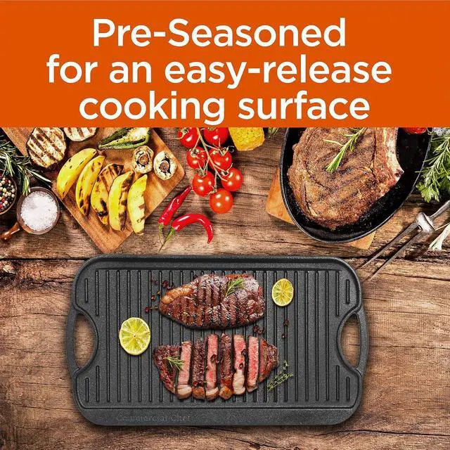 Alt view image 3 of 7 - Commercial CHEF Cast Iron Griddle, Reversible Grill Griddle with Dual Handles for Stove, Oven and Outdoors