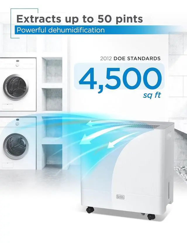 Alt view image 2 of 7 - BLACK+DECKER 50-Pint Portable Dehumidifier with Built-in Pump, Dehumidifier with Pump for up to 4500 Sq. Ft., For Home and Large Spaces, Removable Bucket and Drain Hoses Included, BD50PMWSA, White