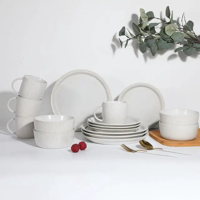 Main image of TABLE 12 Dinnerware Set, Parchment Embossed Dish Set for 4 with Dinner Plates, Dessert and Salad Plate Set, Bowl Set, and Mugs, Simple Modern Kitchenware, White, 16-Piece