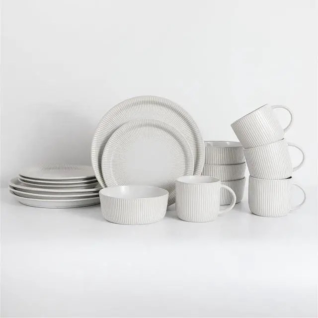 Alt view image 2 of 7 - TABLE 12 Dinnerware Set, Parchment Embossed Dish Set for 4 with Dinner Plates, Dessert and Salad Plate Set, Bowl Set, and Mugs, Simple Modern Kitchenware, White, 16-Piece