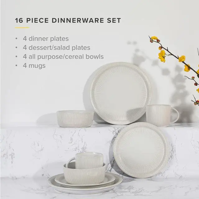 Alt view image 3 of 7 - TABLE 12 Dinnerware Set, Parchment Embossed Dish Set for 4 with Dinner Plates, Dessert and Salad Plate Set, Bowl Set, and Mugs, Simple Modern Kitchenware, White, 16-Piece