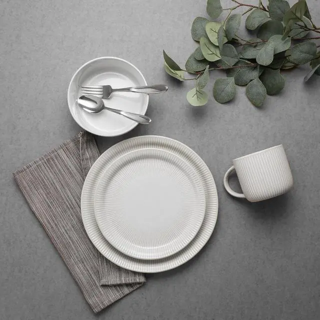 Alt view image 4 of 7 - TABLE 12 Dinnerware Set, Parchment Embossed Dish Set for 4 with Dinner Plates, Dessert and Salad Plate Set, Bowl Set, and Mugs, Simple Modern Kitchenware, White, 16-Piece