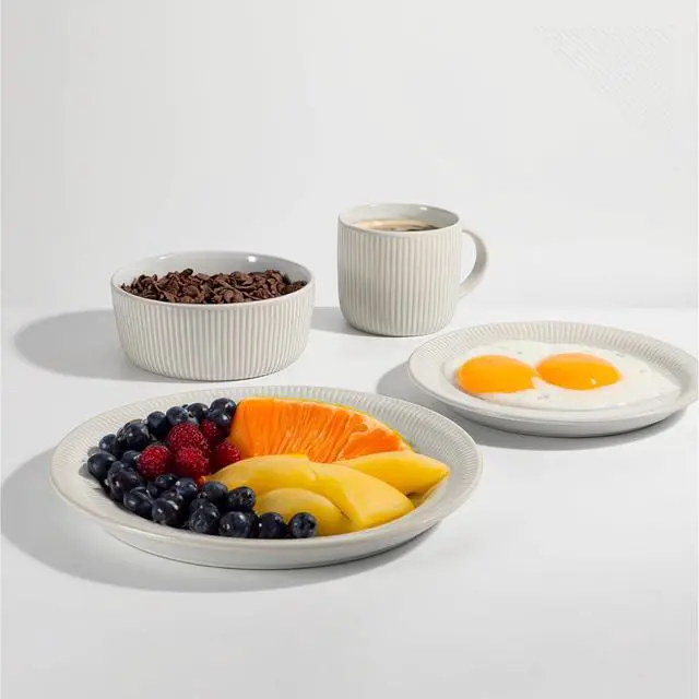 Alt view image 6 of 7 - TABLE 12 Dinnerware Set, Parchment Embossed Dish Set for 4 with Dinner Plates, Dessert and Salad Plate Set, Bowl Set, and Mugs, Simple Modern Kitchenware, White, 16-Piece
