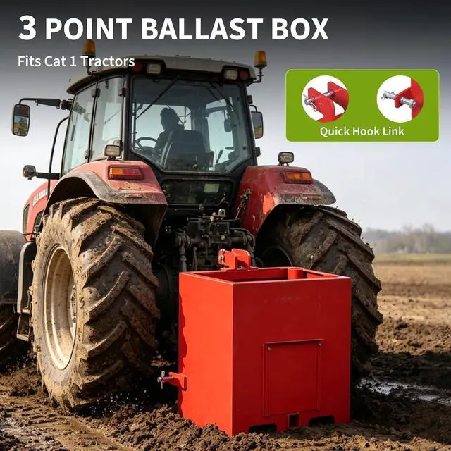 Alt view image 4 of 7 - Patikuin Tractor Ballast Box with 800 Lbs Load Capacity, Category 1 Three Point Hitch, 5 Cu.ft Heavy Duty Steel Rear Counterweight with 2" Receiver, Red