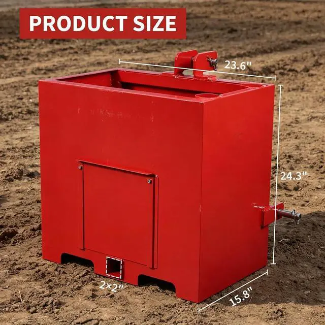 Alt view image 7 of 7 - Patikuin Tractor Ballast Box with 800 Lbs Load Capacity, Category 1 Three Point Hitch, 5 Cu.ft Heavy Duty Steel Rear Counterweight with 2" Receiver, Red