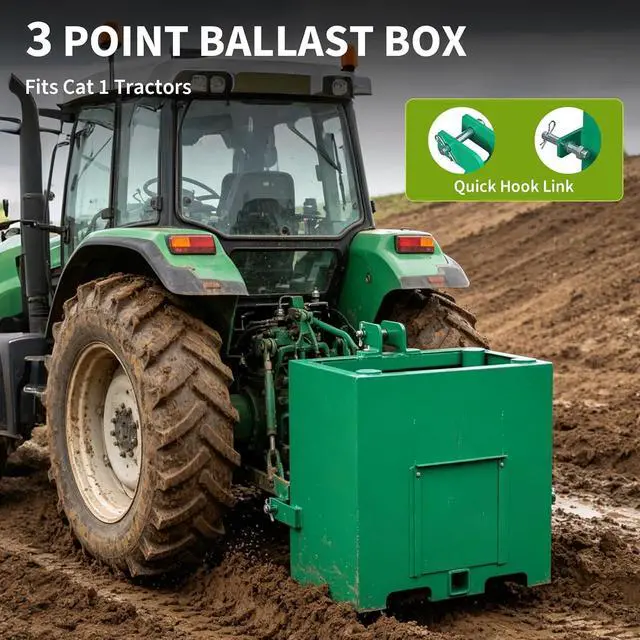 Alt view image 4 of 7 - Patikuin Tractor Ballast Box with 800 Lbs Load Capacity, Category 1 Three Point Hitch, 5 Cu.ft Heavy Duty Steel Rear Counterweight with 2" Receiver, Green